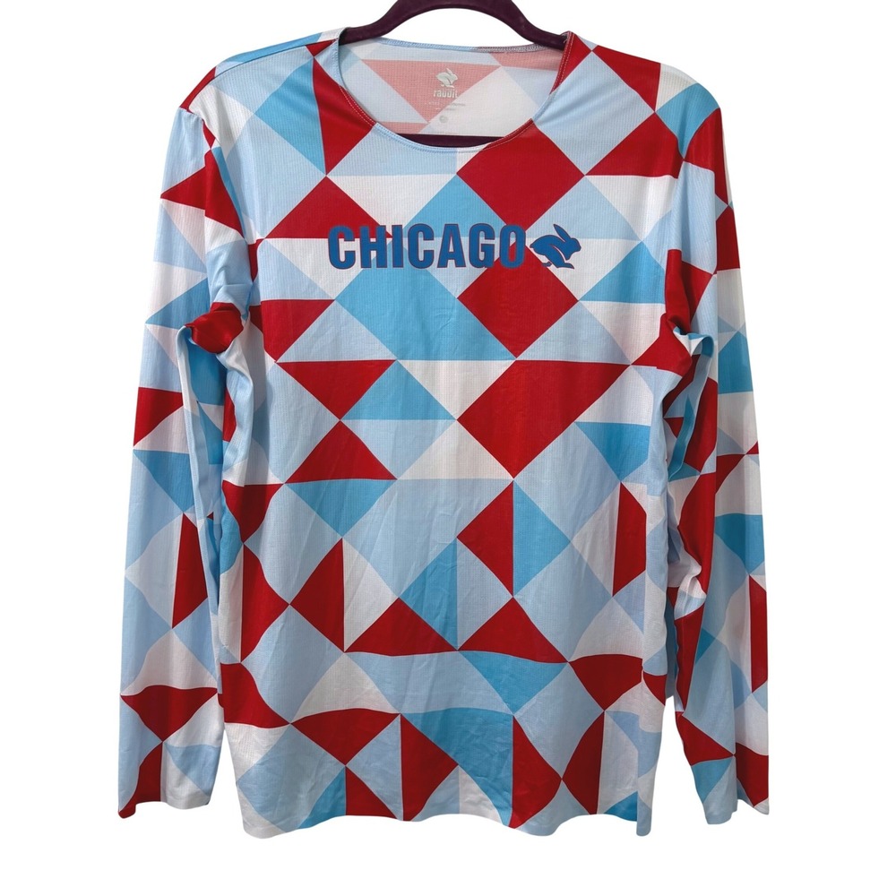 Rabbit Chicago Geometric Long Sleeve Running Shirt Mens Medium Red Blue EZ Tee